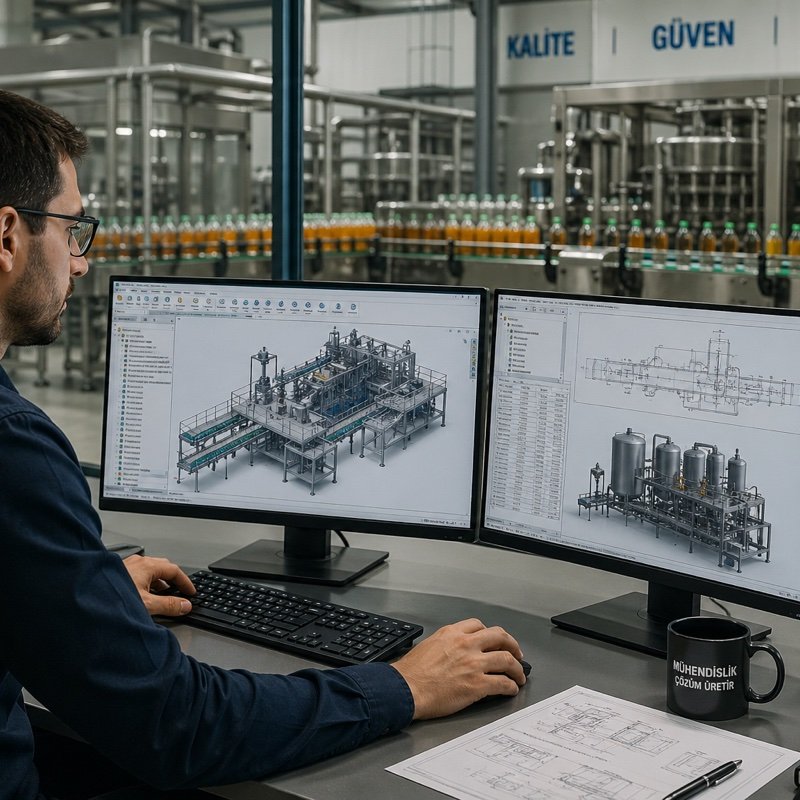Blowtech Makine atölye ortamı — mühendis 3D CAD modelleme yapıyor, arka planda PET şişe üretim hattı.